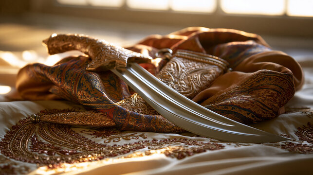 kirpan. Ornamental kirpan on embroidered silk, cultural tradition and respect concept. event programs, museum guides, designed for cultural heritage projects and event programs, preserves heritage.