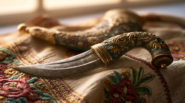 kirpan. Ornamental kirpan on embroidered silk, cultural tradition and respect concept. event programs, museum guides, designed for cultural heritage projects and event programs, preserves heritage.