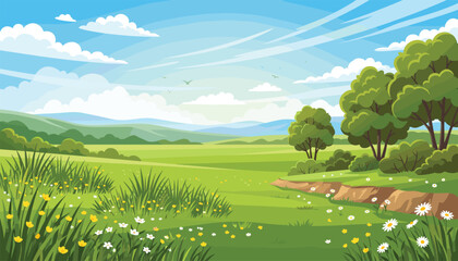 Obraz premium Beautiful green meadow field landscape banner under a bright blue sky. Deciduous trees, wild daisies, yellow flowers, hills, clouds, flying birds.