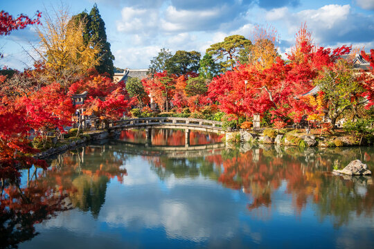 bridge across pond to Eikando shrine with autumn leaf colors, Kyoto