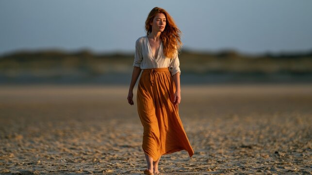 Woman with flowing red hair walks on a sandy beach at sunset