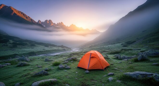 An orange tent pitched in a lush, green meadow with a mountain range in the background, under a clear sky with a soft, golden hue, creating a serene and tranquil atmosphere.
