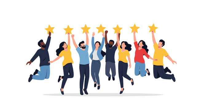 Diverse group of happy people jump in the air while holding gold stars to signify high ratings, excellent service, and customer satisfaction.