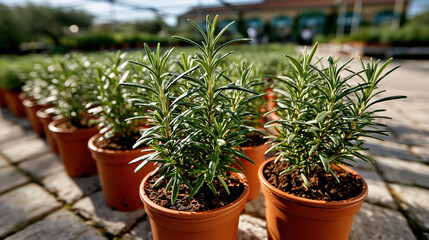 Fototapeta premium Fresh rosemary herb potted plant green leaf outdoor garden spice aromatic agriculture cultivation daylight Fresh rosemary herb potted plant green leaf outdoor garden spice aromatic agriculture