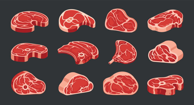 Large selection of various raw meat cuts including steaks, chops, and roasts with realistic marbling shown against a dark gray background.