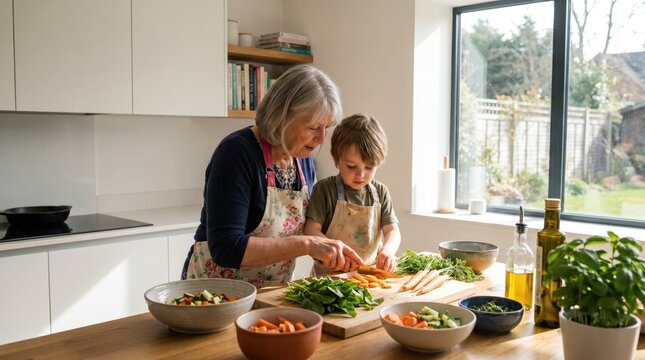 Grandmother and Grandchild Cooking Together in Modern Kitchen
