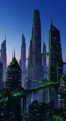 Naklejka premium Futuristic cityscape with skyscrapers overgrown with lush green vegetation, symbolizing nature's reclamation and a new beginning for urban environments.