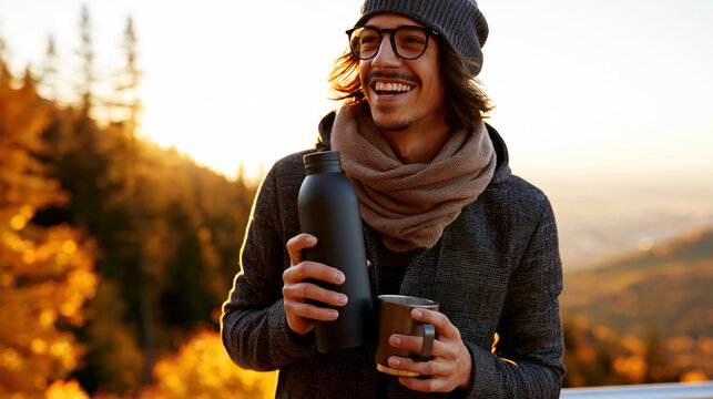 Smiling man outdoor autumn travel mug thermos bottle warm clothing beanie hat scarf eyeglasses sunrise light forest background mountain view Happy young man enjoying hot drink from thermos bottle
