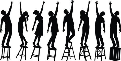 Collection of diverse people silhouettes standing on stools and ladders reaching for something high above © Mahenur