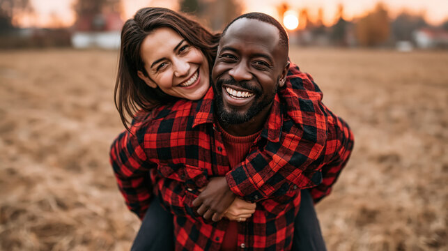Happy couple interracial couple autumn field sunset light outdoor portrait plaid shirt piggyback smiling man smiling woman romantic moment in warm countryside meadow