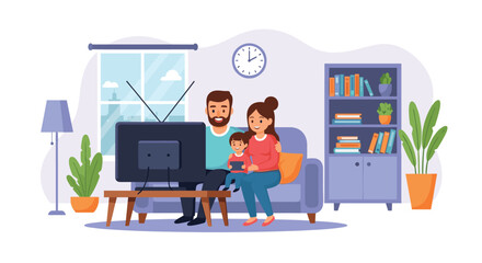 Fototapeta premium Happy family sitting on a sofa and watching television together in a cozy living room with a bookshelf and plants, enjoying quality time.