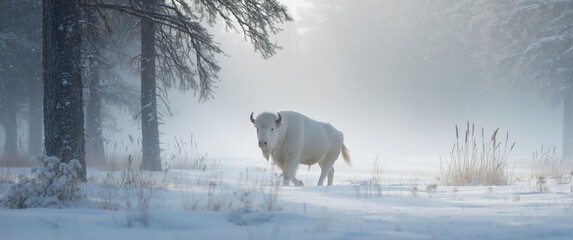 Obraz premium White bull walking through a snowy forest landscape