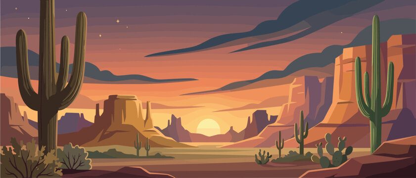 Desert canyon landscape banner at sunset with saguaro cactus. Sun, rock formations, mountains, twilight sky, clouds, stars, shrubs, rocks.