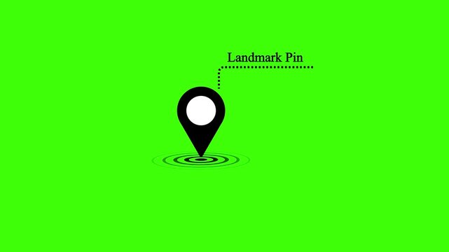 Minimalist Location Map Pin Icon Animation with Landmark Text on Chroma Key Green Screen