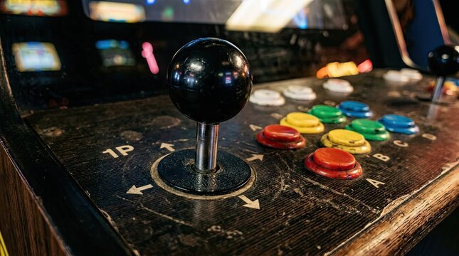 An old, worn-out arcade game control panel with a black joystick and colorful buttons, set against a dimly lit, dimly lit background with a few glowing lights.