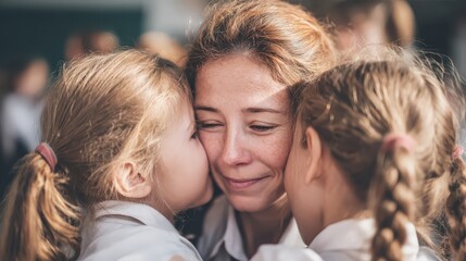 Fototapeta premium Mother with Two Girls Receiving Cheek Kisses Tender Family Love Portrait Lifestyle Photography