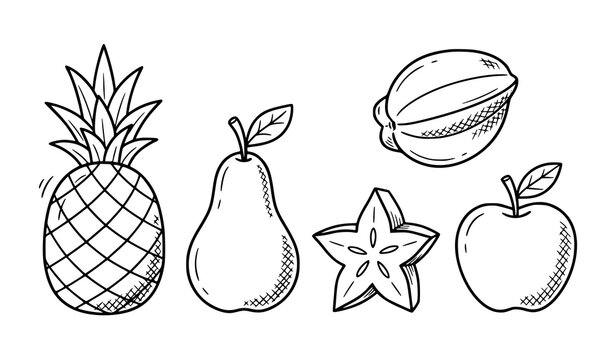 Hand drawn fruit doodle icon set with pineapple pear star fruit and apple