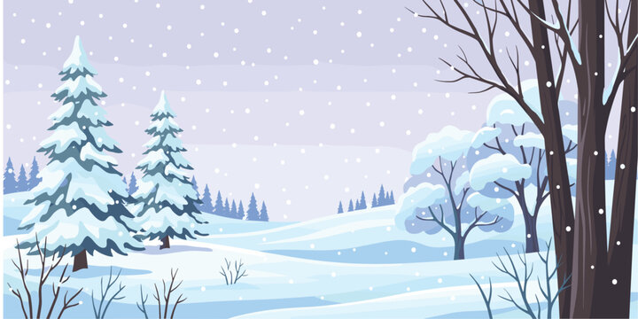 Winter forest snow landscape vector illustration. Holiday Christmas pine trees, heavy snowfall drift, frozen wilderness hills and cold winter weather background.