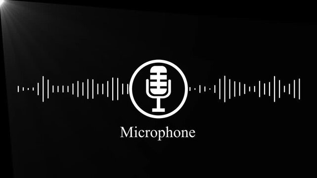 Microphone Icon with Microphone Text and Digital Sound Waveform, AI Speech Recognition, Audio Assistant and Podcast Concept Motion Graphic Isolated on Black Background.