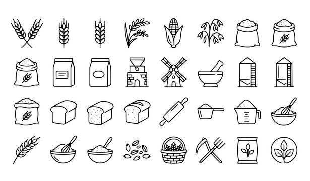 Grains and Flours Production Thin Line Icon Set Vector