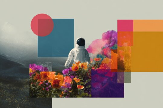 Astronaut collage exploring an alien luminous garden with colorful flowers and geometric overlays for dreamy wallpaper and poster design