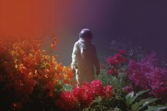 Astronaut exploring luminous alien garden with vibrant flowers for surreal poster and background design