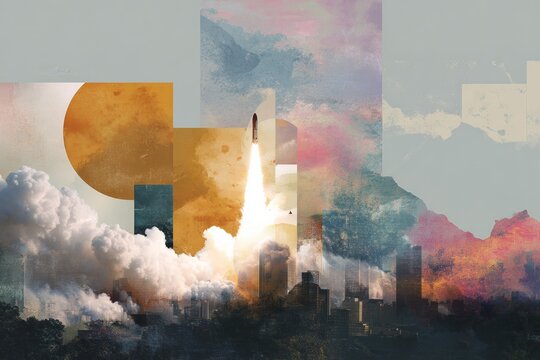 Retro rocket launching over torn cityscape with geometric collage and dramatic smoke for vintage sci fi poster and background design