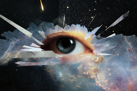 Surreal floating eye in cosmic swirl collage for surreal poster background and conceptual art design