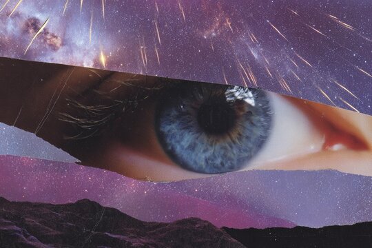 Surreal collage featuring a large floating eye and astronaut with cosmic swirl and starry galaxy for background and poster design