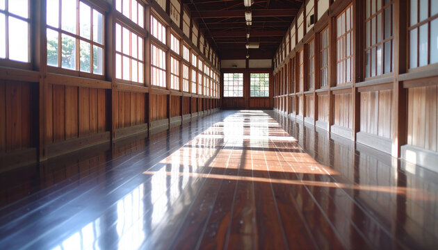 日本の伝統的な木造建築の長い廊下　光が差し込むレトロな古民家の木造校舎　和風の情緒あふれる空間　Webサイトの背景や広告デザインに使用可能なシンメトリー構図の建築写真素材