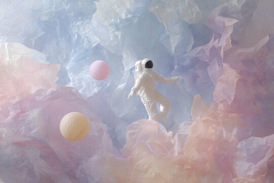 Dreamlike astronaut floating over torn pastel clouds with soft spheres for dreamy wallpaper and background design