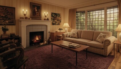 Obraz premium Cozy living room with a fireplace and large windows