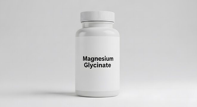 White plastic bottle labeled Magnesium Glycinate on plain background.