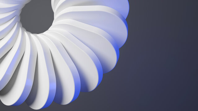 Abstract 3D render close up of white curved petals forming a spiral pattern with blue neon light reflections on a dark background. Tech concept