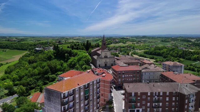 Moncalvo historic village Asti, Piedmont Italy smallest city Church of San Francesco, aerial drone