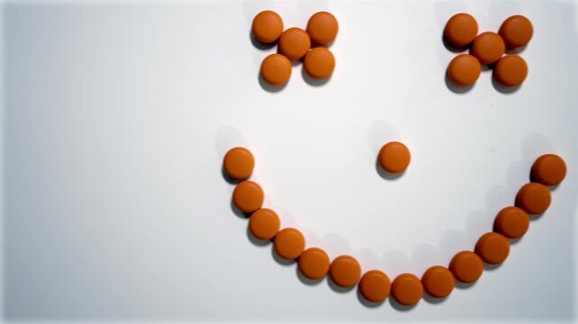 Orange pills arranged in happy smiley face shape panning shot