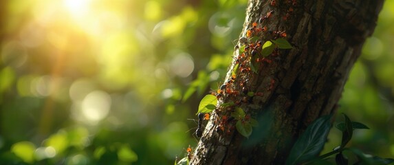 Fototapeta premium Vibrant ants carrying leaves in the fresh morning air