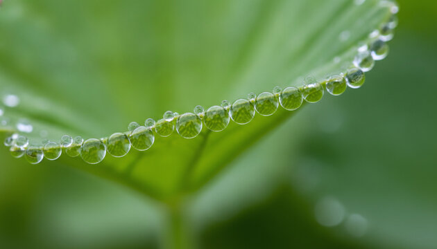 Lady's Mantle leaf with guttation water droplets macro
