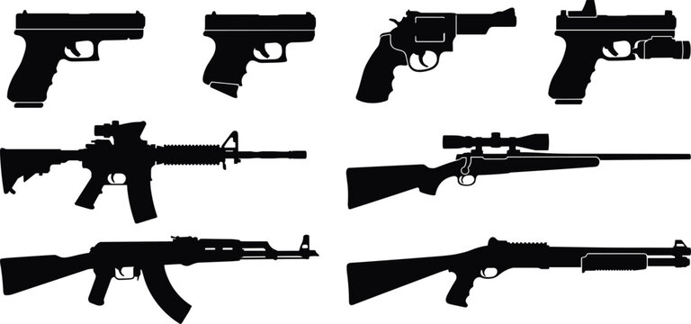 Silhouettes of various firearms, including pistols and rifles guns