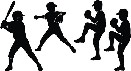 Silhouette of four baseball players in different poses, swinging, pitching, and catching silhouettes © Md