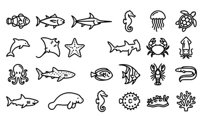 Fish and marine life line icons set premium vector pictograms with editable stroke for mobile app UI and modern website design © ABDUL STUDIO
