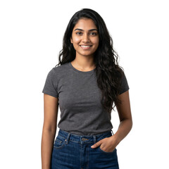 Obraz premium Beautiful Young South Asian Woman Smiling in Casual Grey T-Shirt and Jeans, Female Portrait Isolated on Transparent Background