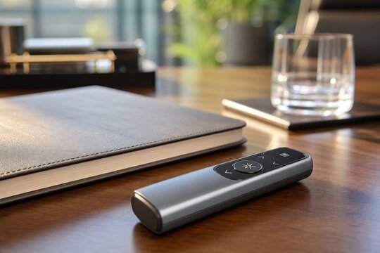 Wireless presentation remote control on elegant wooden office desk next to leather notebook, professional corporate boardroom setting, close-up shot.