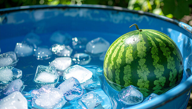 青いタライに浮かぶ氷とスイカ　夏の風物詩を感じさせる涼しげなイメージ写真　日本の夏休みや冷やしフルーツを表現した季節のイベント告知や広告バナーに使用可能な高画質素材