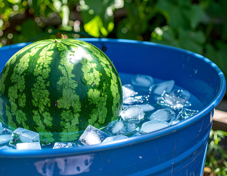 氷水で冷やされた新鮮なスイカ　夏の風物詩を感じさせる青いタライに入った瑞々しい果物　暑い季節の涼しげな演出に使える屋外の風景素材　旬の味覚と清涼感を表現した広告用写真素材