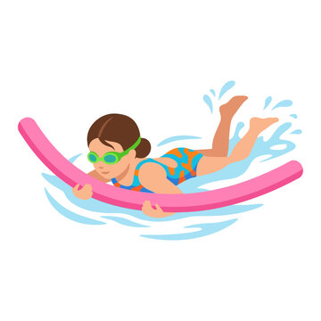 Young Girl Enjoying Summer Vacation While Swimming With A Pink Foam Pool Noodle In Clear Blue Water