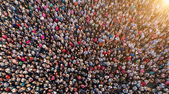 overhead view of large crowd of diverse people gathering outdoors in urban plaza during sunny day with warm sunlight casting long shadows across the tightly packed group.
