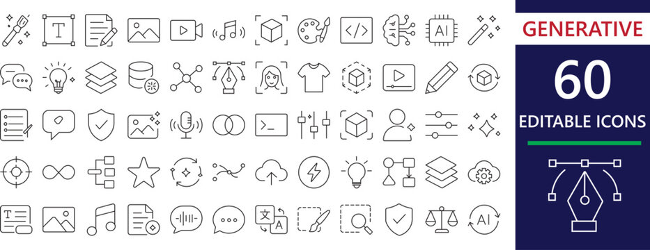 Generative AI stroke icon set featuring content generation, brain, learning, future, neural, automation, machine, and ai innovation.