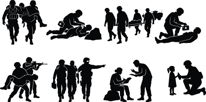 Military Medical Rescue and Humanitarian Assistance Silhouette Collection with Soldiers, Casualty Evacuation, First Aid and Civilian Support