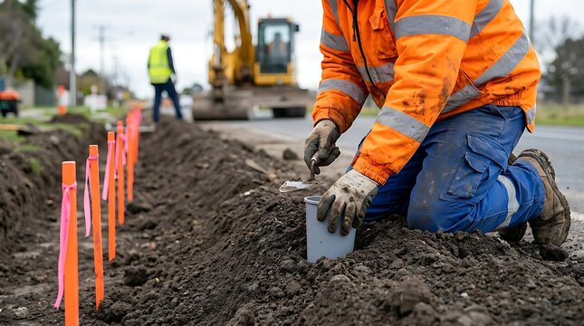 Construction worker kneeling in dirt road installing pipe in utility trench, builder wearing high visibility orange jacket with trowel, infrastructure project, earthwork, engineering.